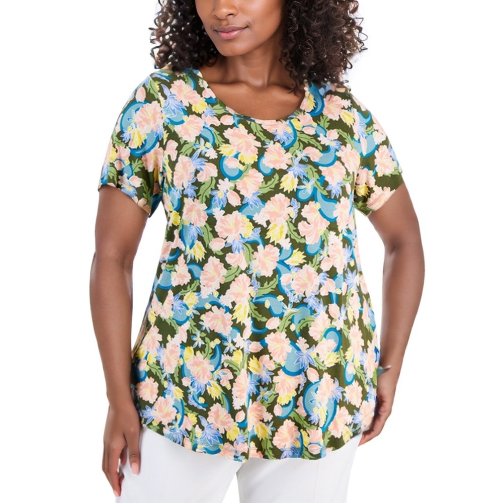 JM Collection Top Womens Plus 2X Avocado Garden Floral Scoop Neck Short Sleeve